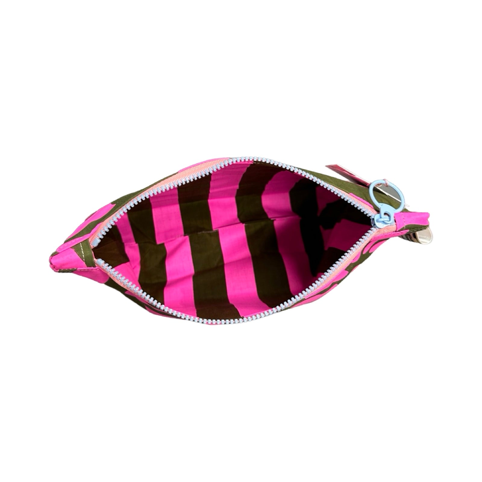 A grey canvas cosmetic bag with neon pink flowers with pink and grey striped lining.