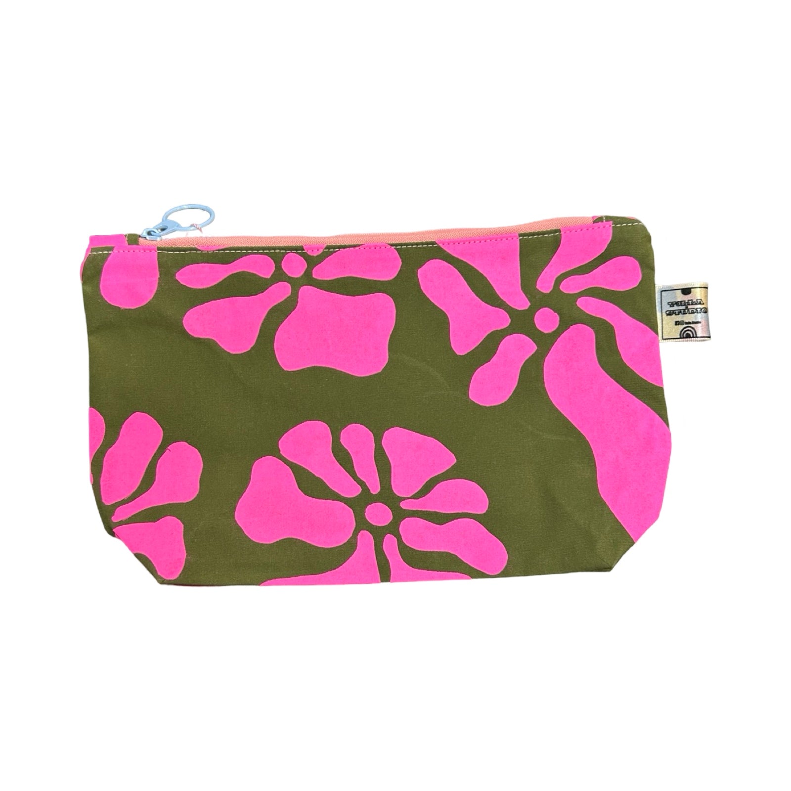 A grey canvas cosmetic bag with neon pink flowers.