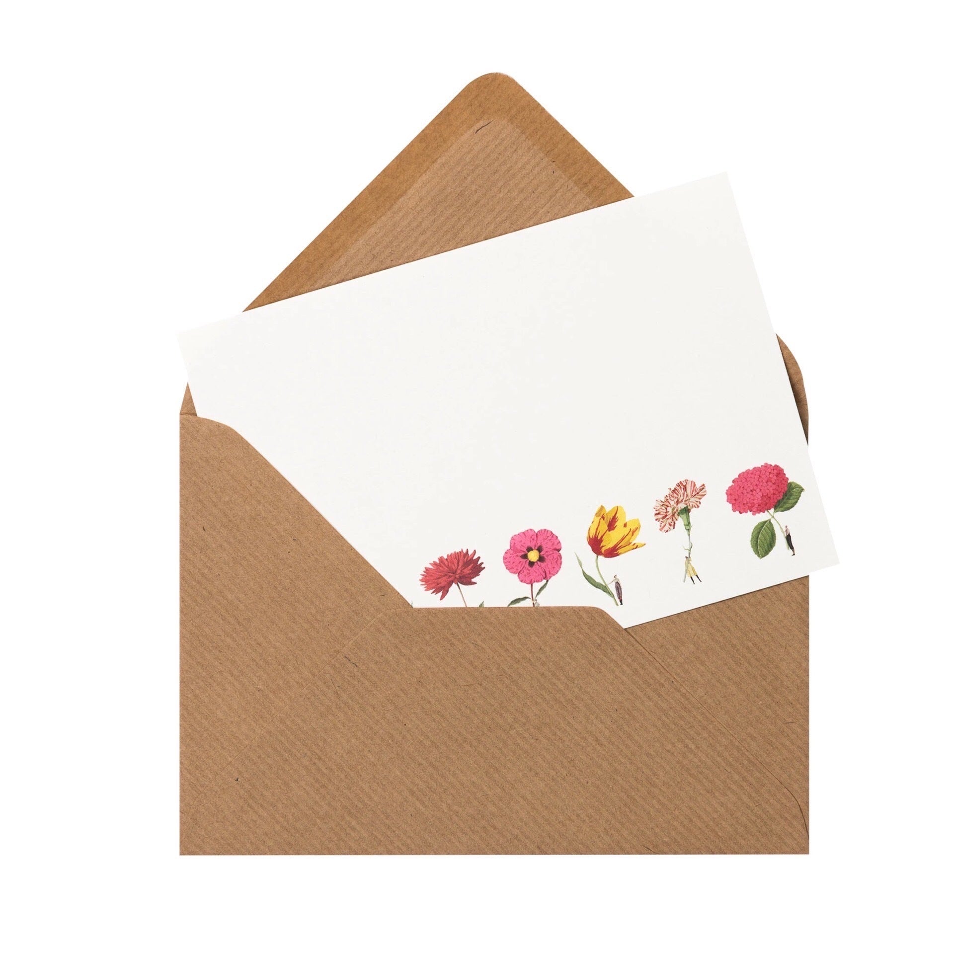 A floral flat note coming out of an envelope.