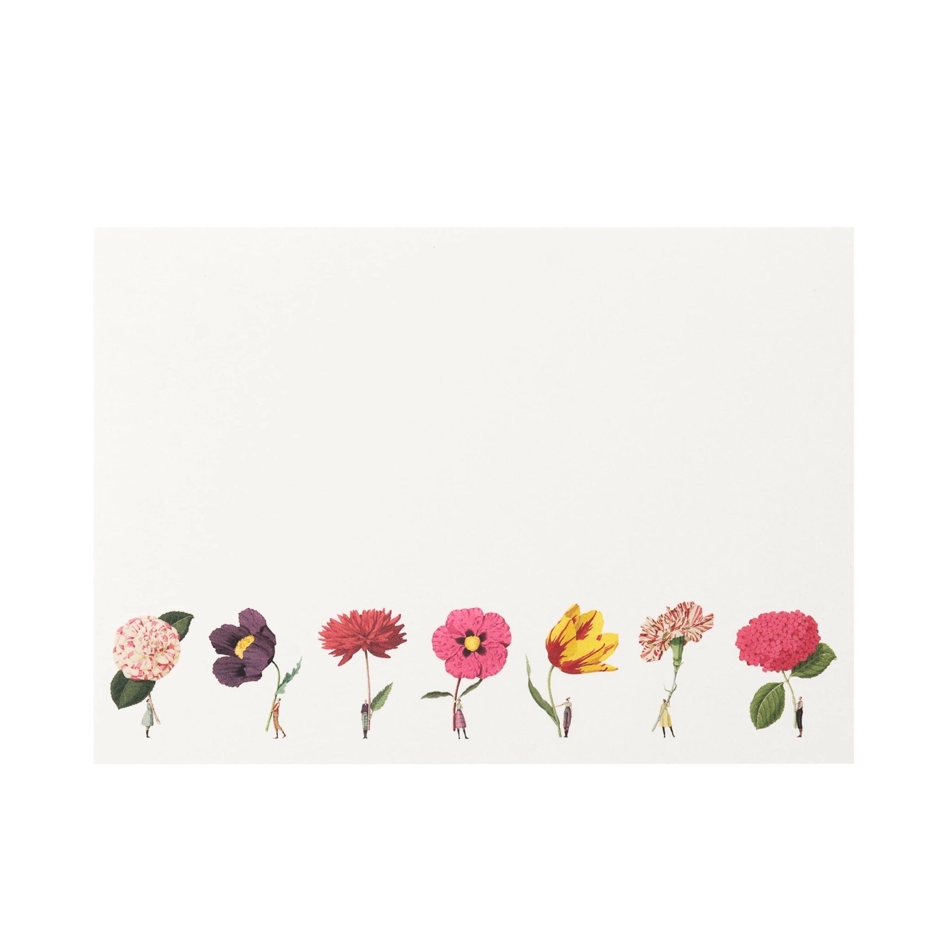 A flat note featuring illustrations of men and ladies holding giant flowers along the bottom edge.