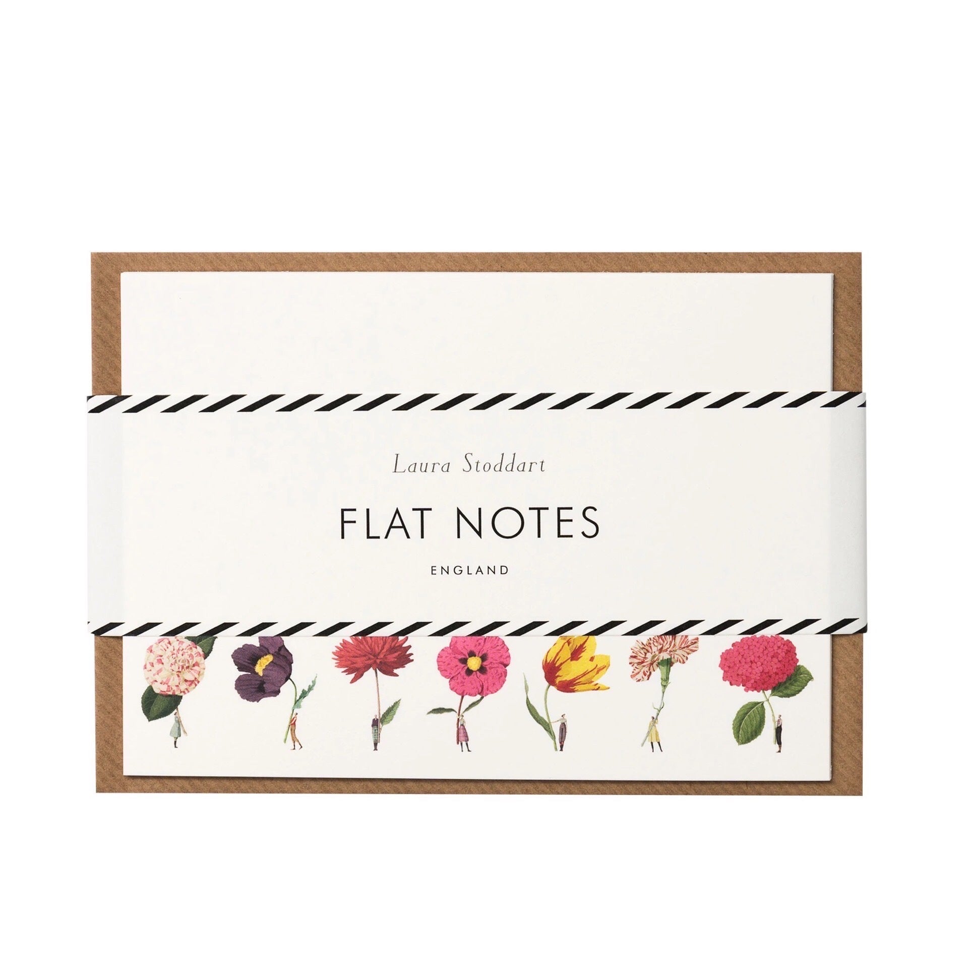 Pack of 12 flat notes featuring illustrations of men and ladies holding giant flowers along the bottom edge.