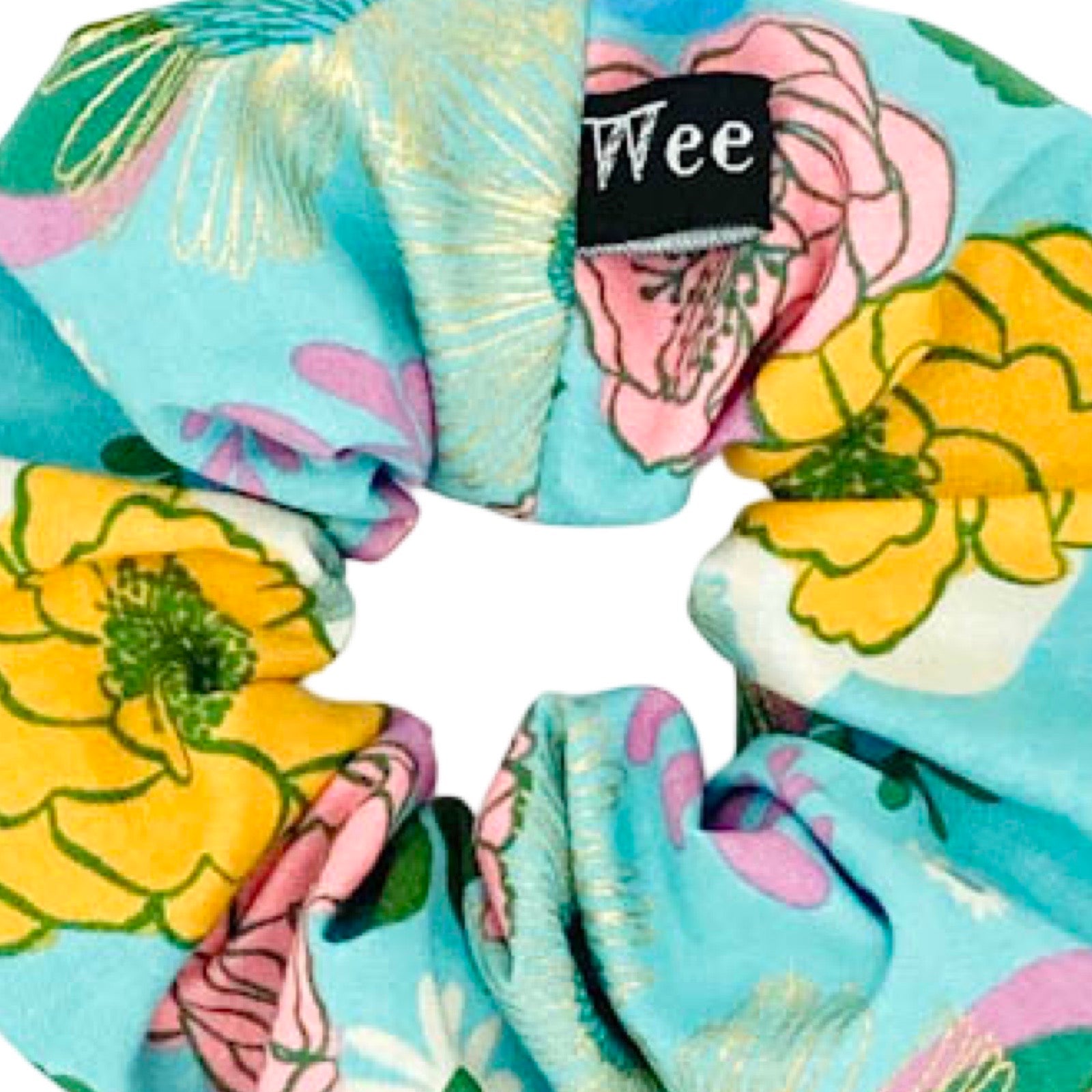 Handmade floral hair scrunchies in bold colours made from 100% cotton fabrics.