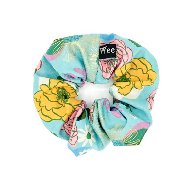 Handmade floral hair scrunchies in bold colours made from 100% cotton fabrics.