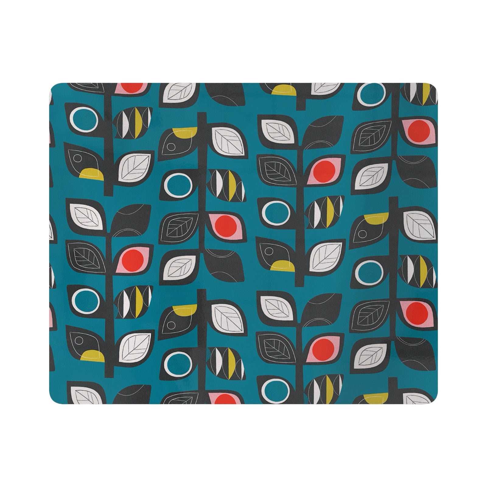 A rectangular placemat featuring midcentury-inspired colourful leaf stems with black outlines against a teal background.