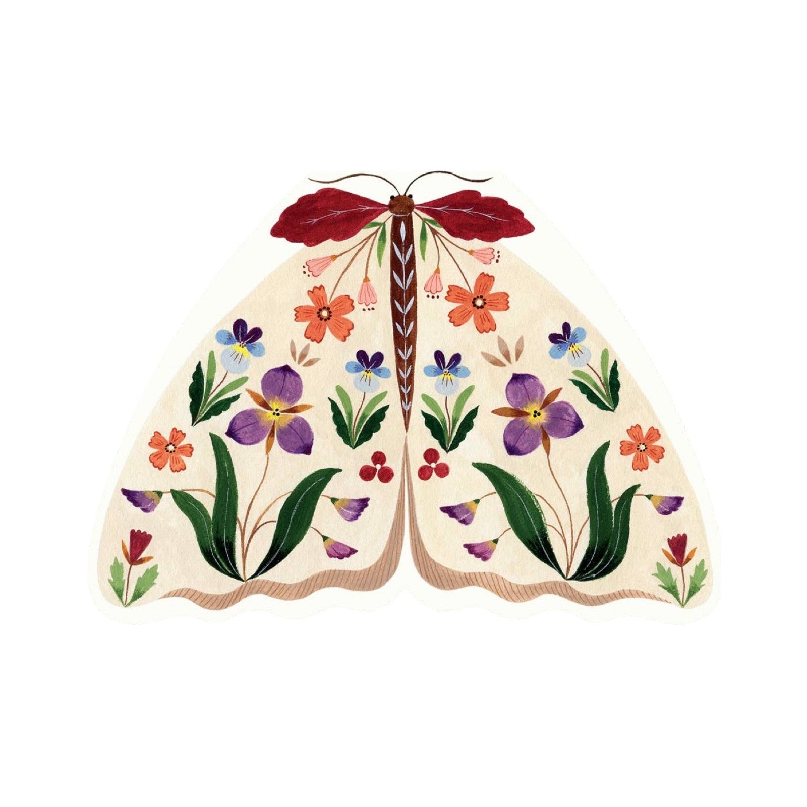 A sticker featuring a detailed illustration of a moth with red wings and a cream-coloured body, decorated with colourful embroidered flowers and green leaves.