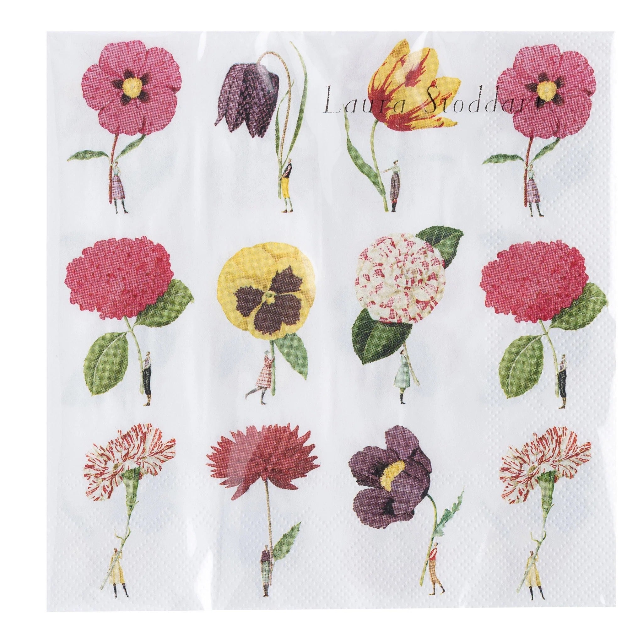 Floral patterned napkins with various flowers on a white background.