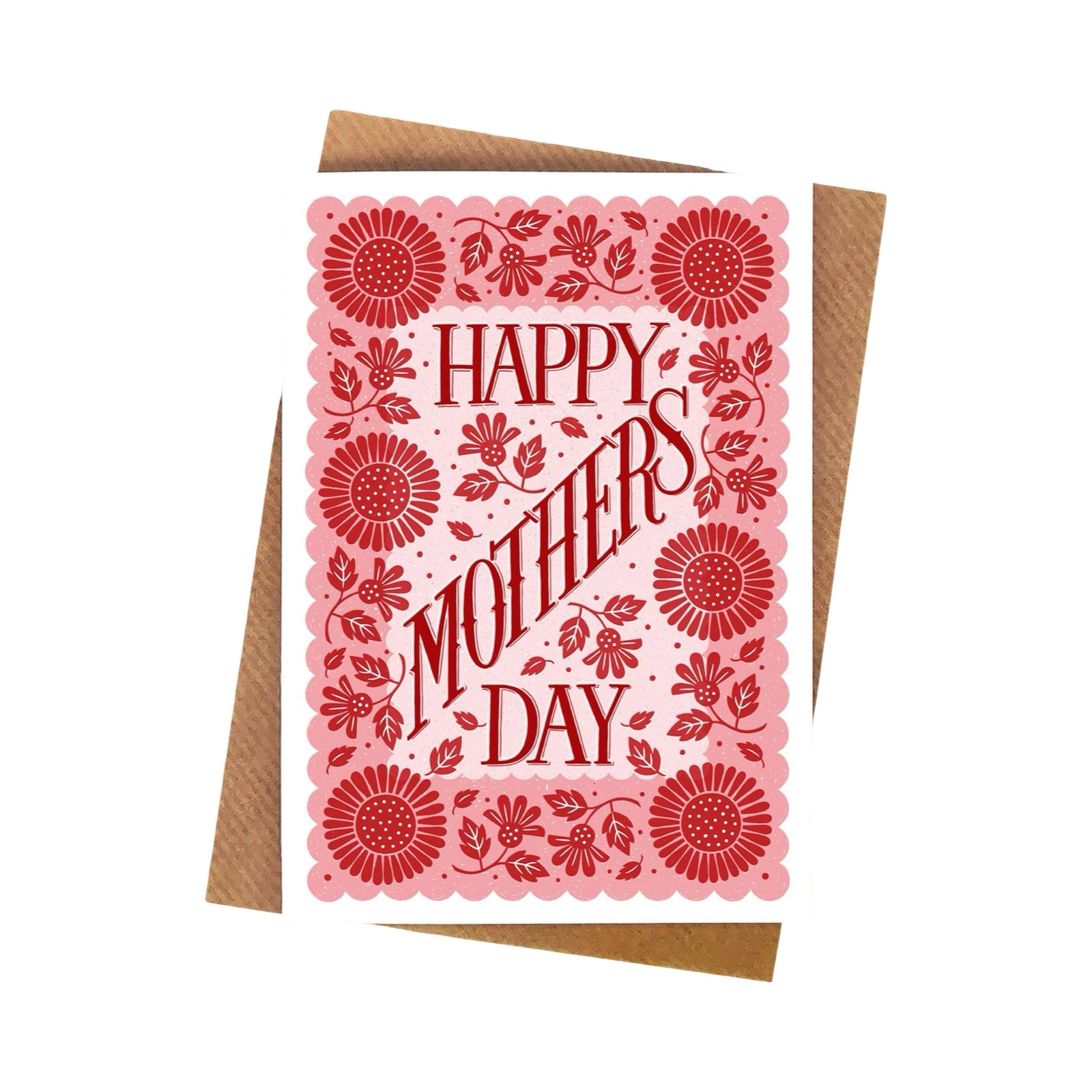 Greeting card with 'Happy Mother's Day' text and floral designs on a pink background.