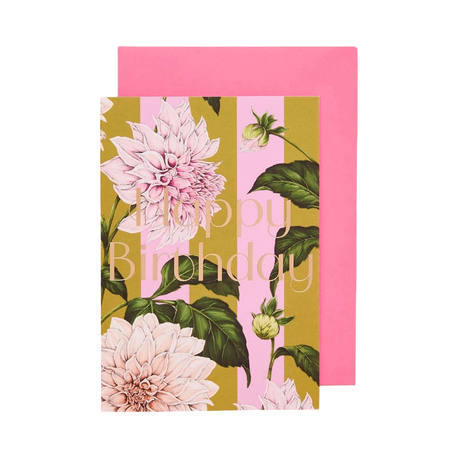 A floral birthday card with a pink envelope behind it. The card features large pink and white dahlia flowers, green leaves, and vertical pink and olive stripes with the words 'Happy Birthday' in a soft gold script.