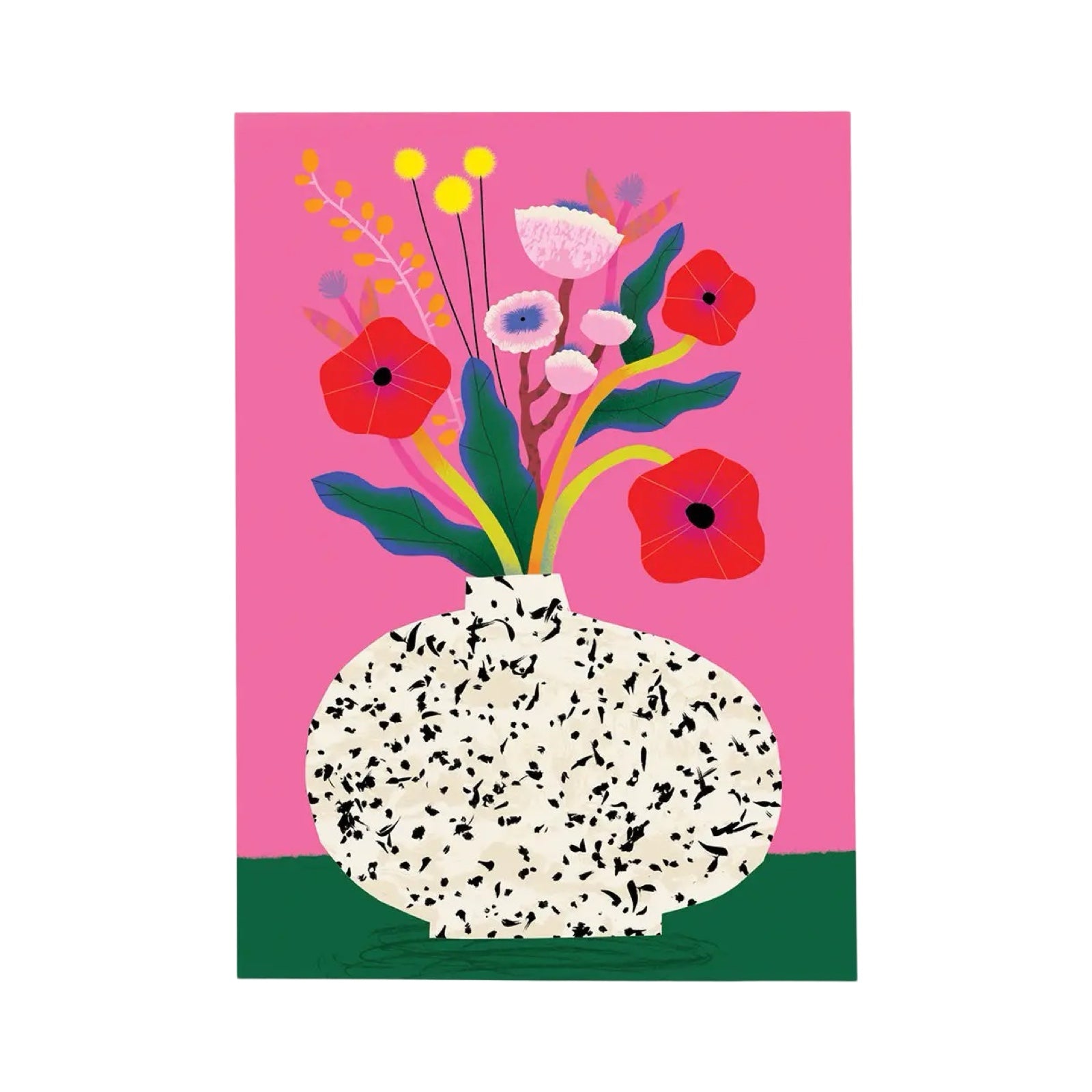 A bright and colourful postcard featuring a beautiful bunch of flowers in a white vase with black dots against a pink and green background.