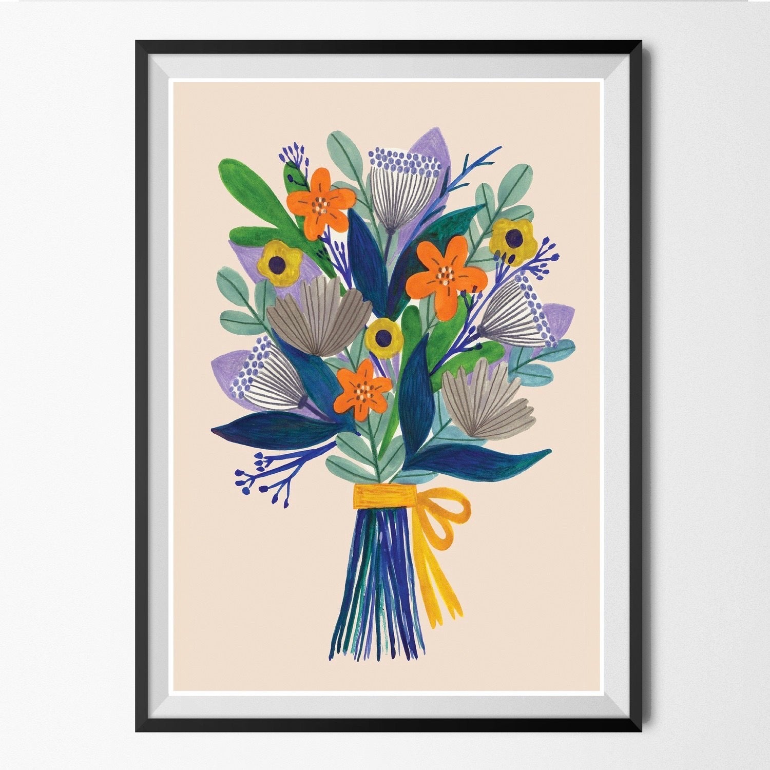 Framed artwork of a colourful bouquet of flowers on a beige background.