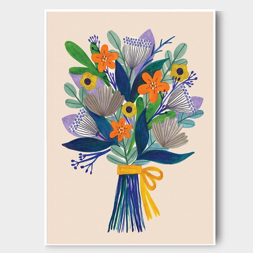 Colourful floral bouquet illustration on a beige background.