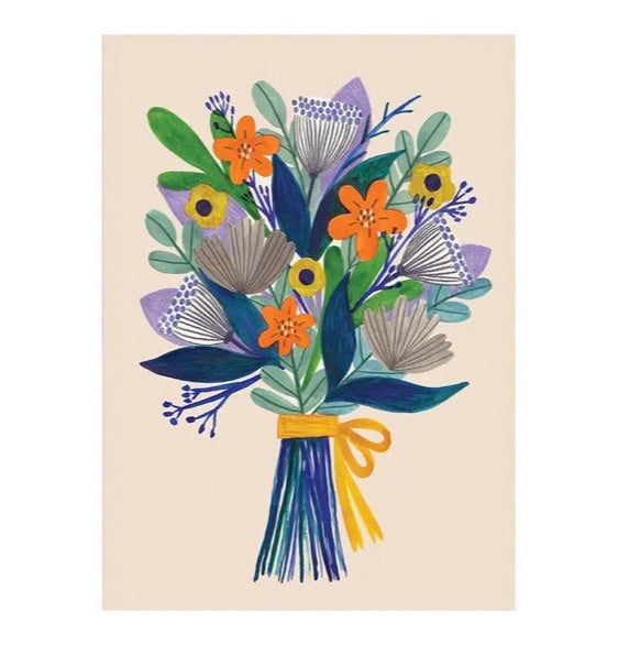 Art print featuring a beautiful bunch of colourful flowers tied with gold ribbon on a cream background.