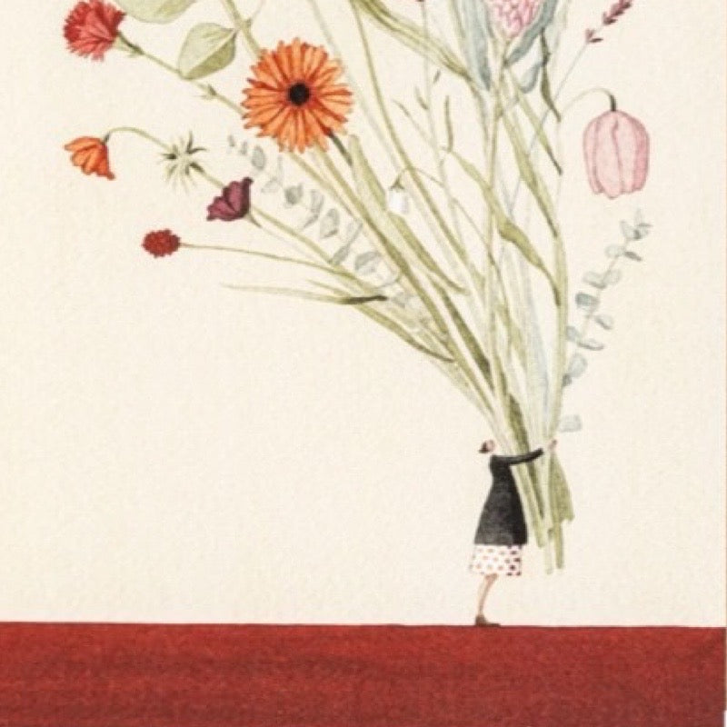 Illustration of a person holding a large bouquet of flowers with a red and beige background.