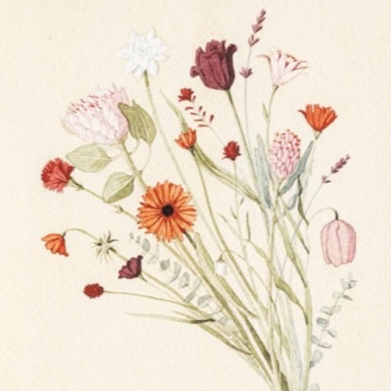 Illustration of a bouquet of flowers on a beige background.