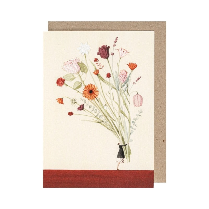 Floral card featuring an illustration of a lady in a black coat holding a giant bunch of flowers.