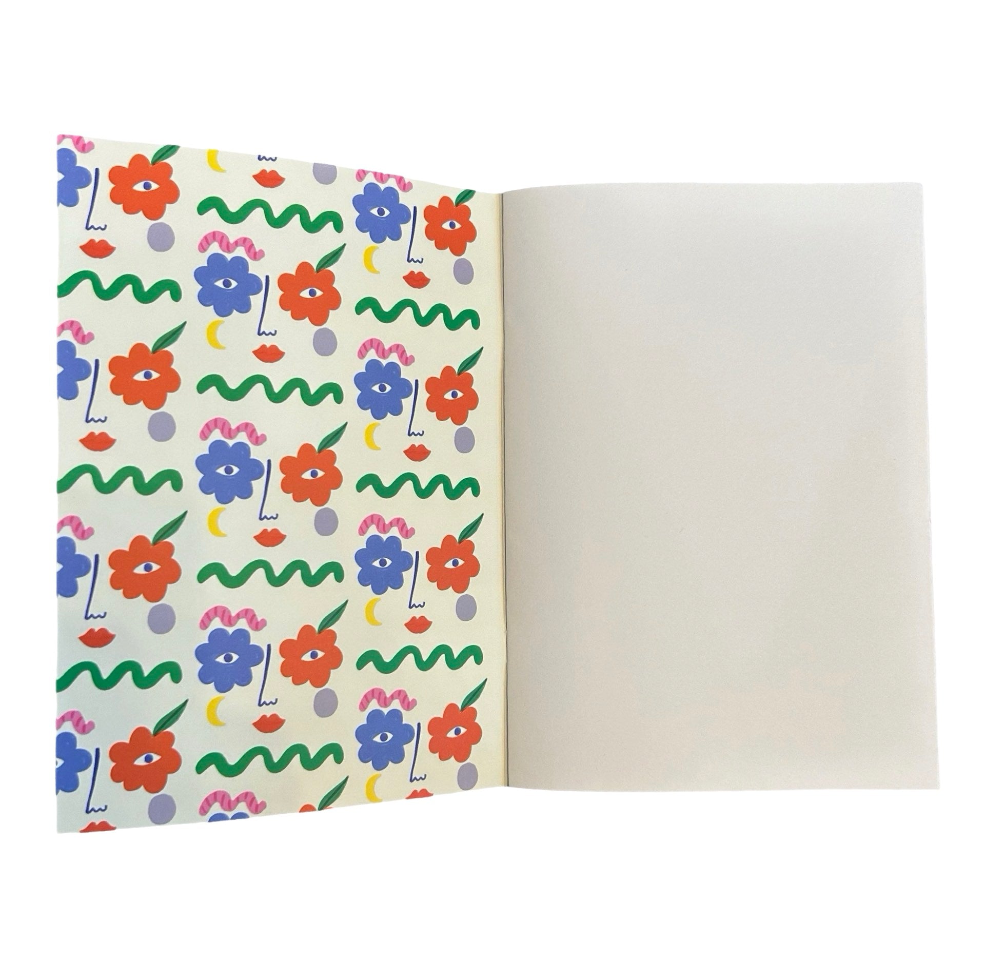 This notebook features a face with flowers for eyes and colourful shapes against a white background.