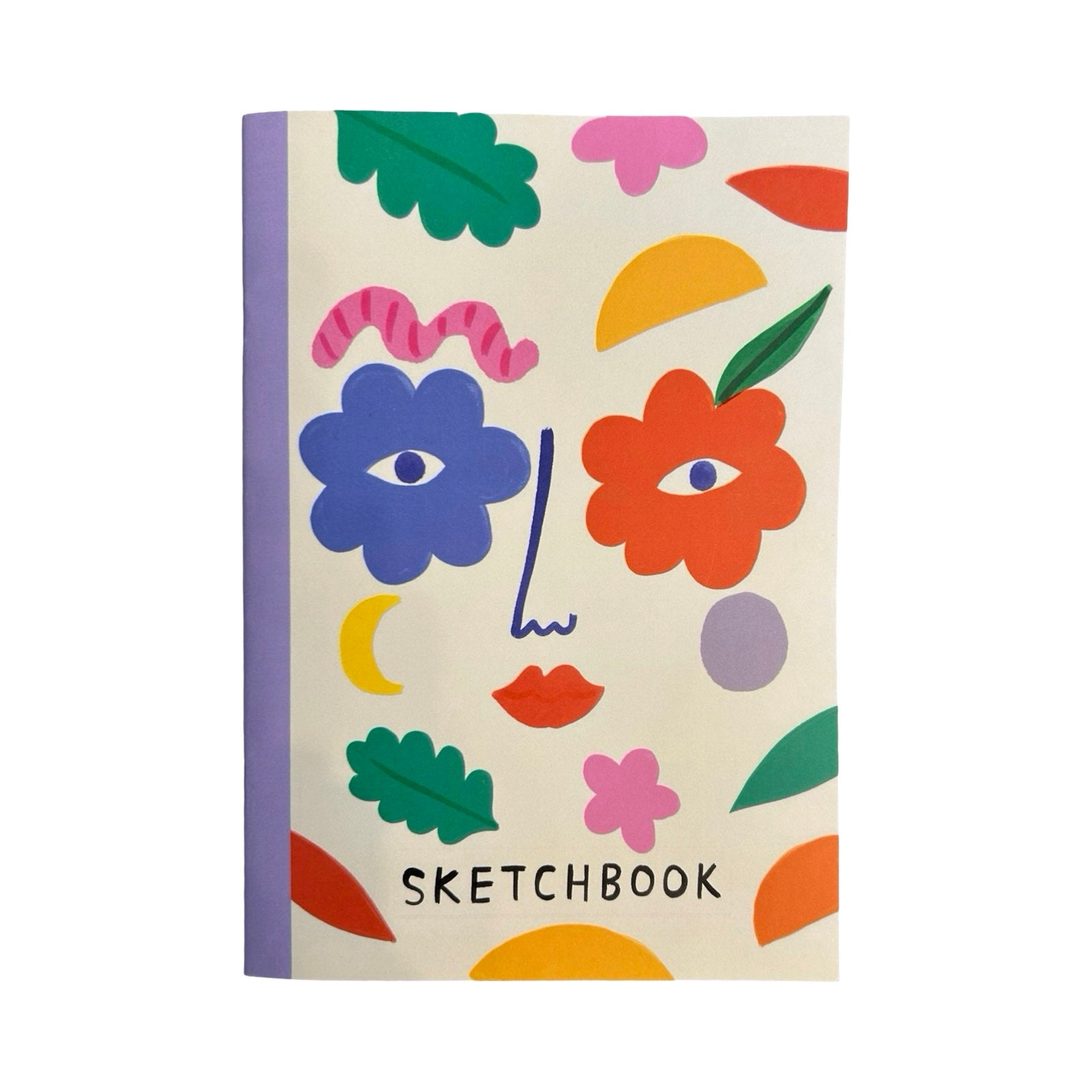 This notebook features a face with flowers for eyes and colourful shapes against a white background.