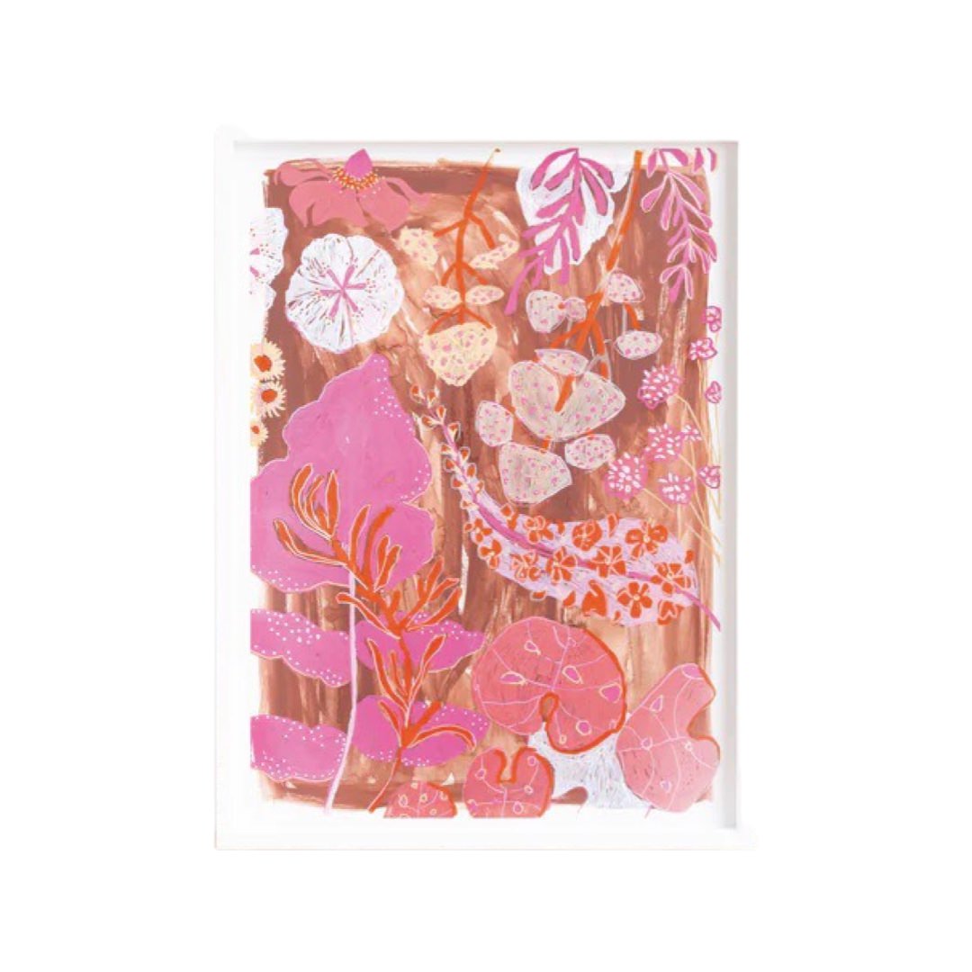A rectangular print from an original painting featuring cream, pink and white flowers and foliage on a brown background