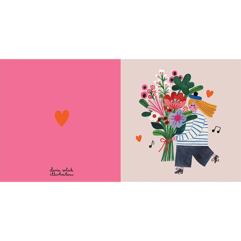 Illustration of a person holding flowers with a pink heart on a beige background.