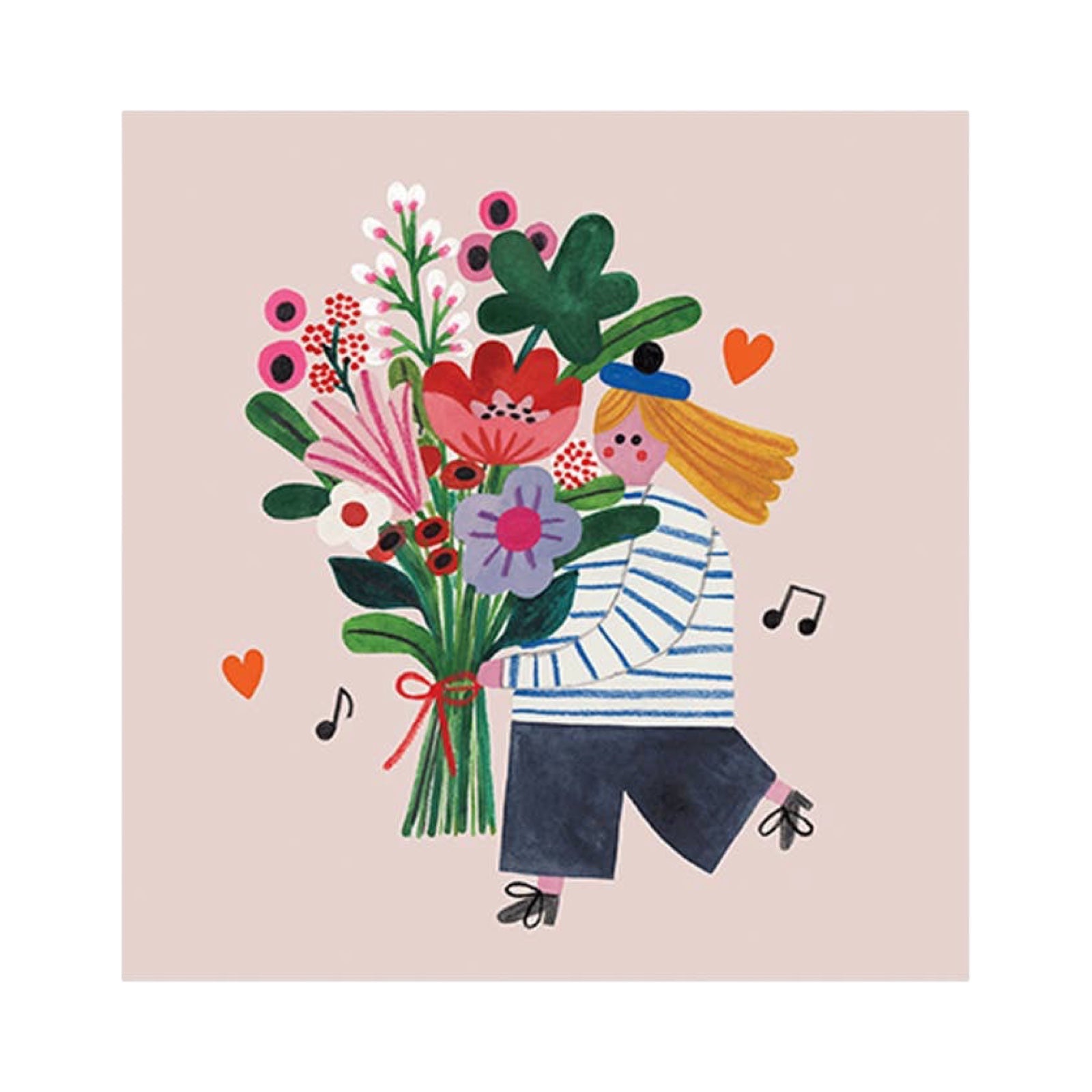 Illustration of a person holding a bouquet of flowers with a pink background.