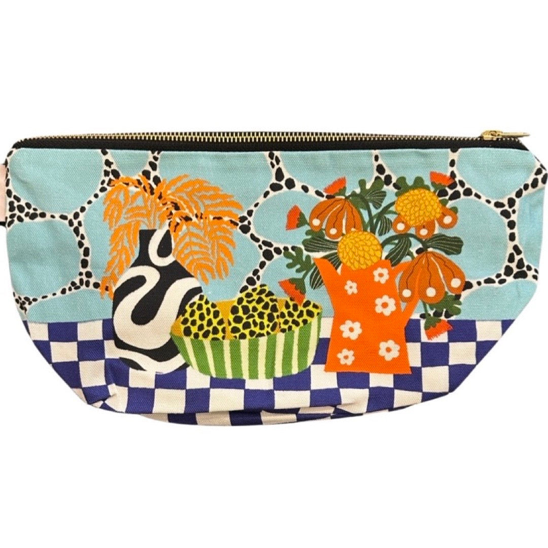 Colorful pouch with decorative design featuring a vase, flowers, and checkered pattern on a white background.