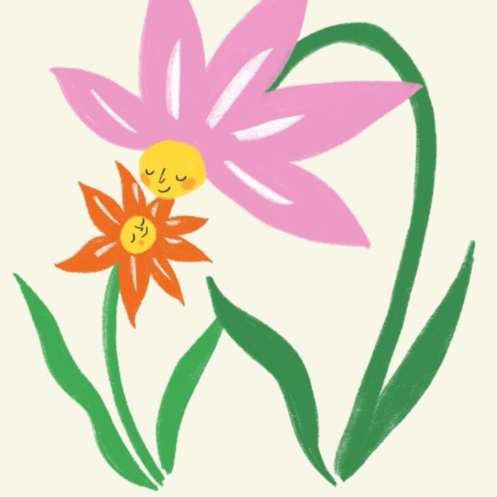 Mother's day card featuring a smaller red flower looking up at a larger pink flower with the text 'Happy Mother's day' underneath.