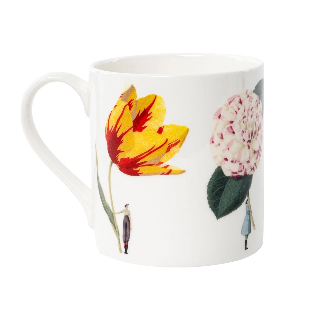 Fine bone china mug decorated with four illustrations of men and ladies holding giant flowers.