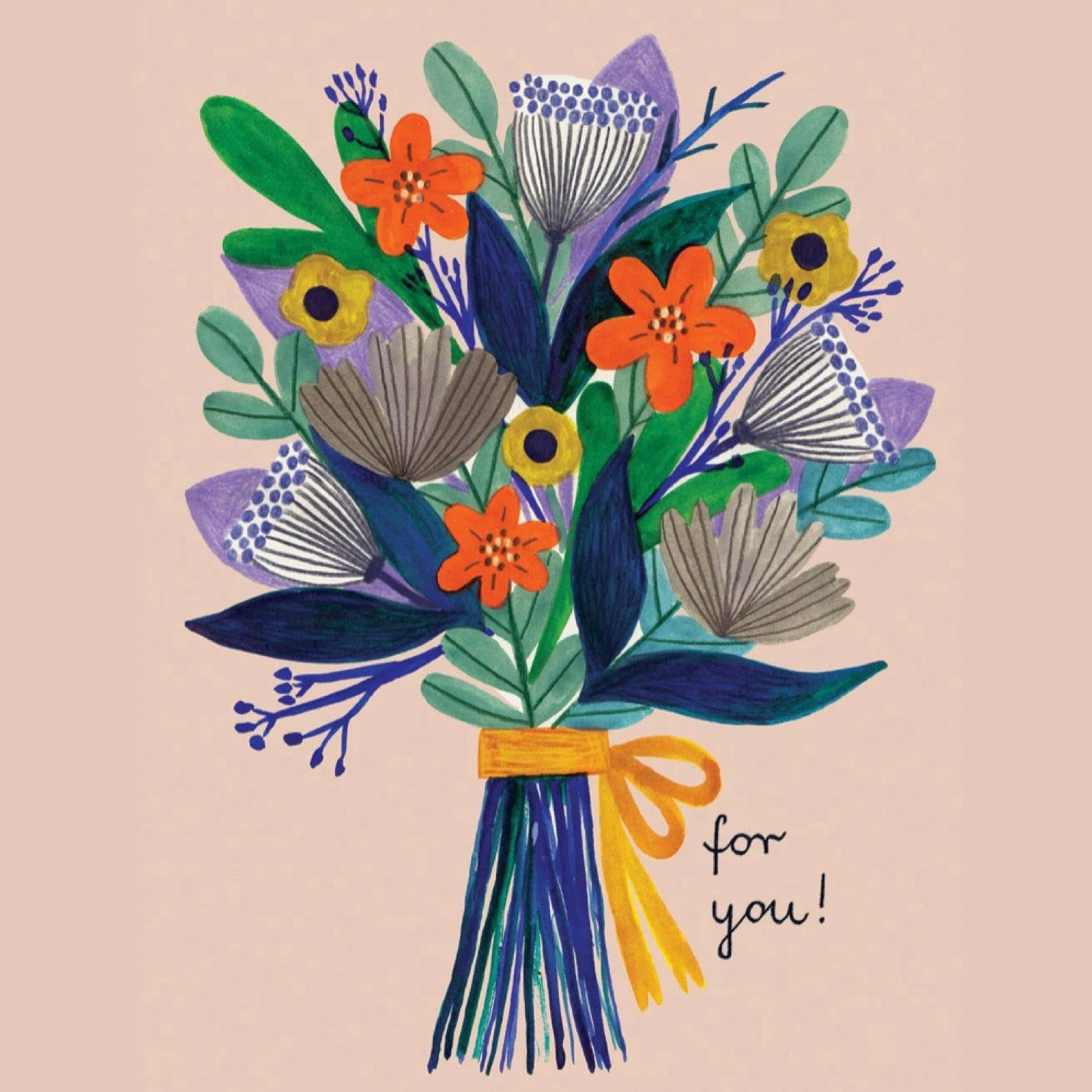 Colourful bouquet of flowers with a yellow ribbon on a beige background.