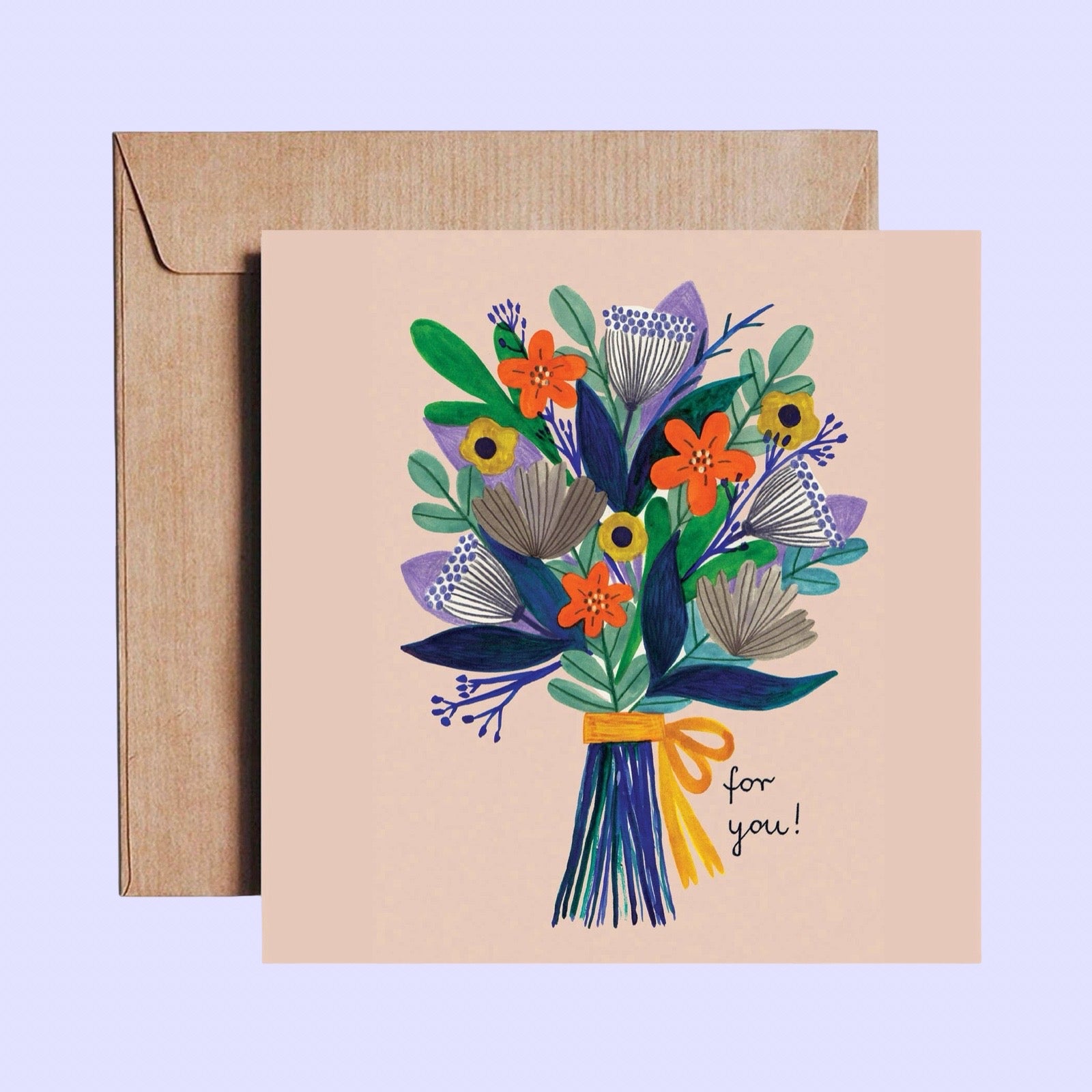 Greeting card with floral design and envelope on a light purple background.