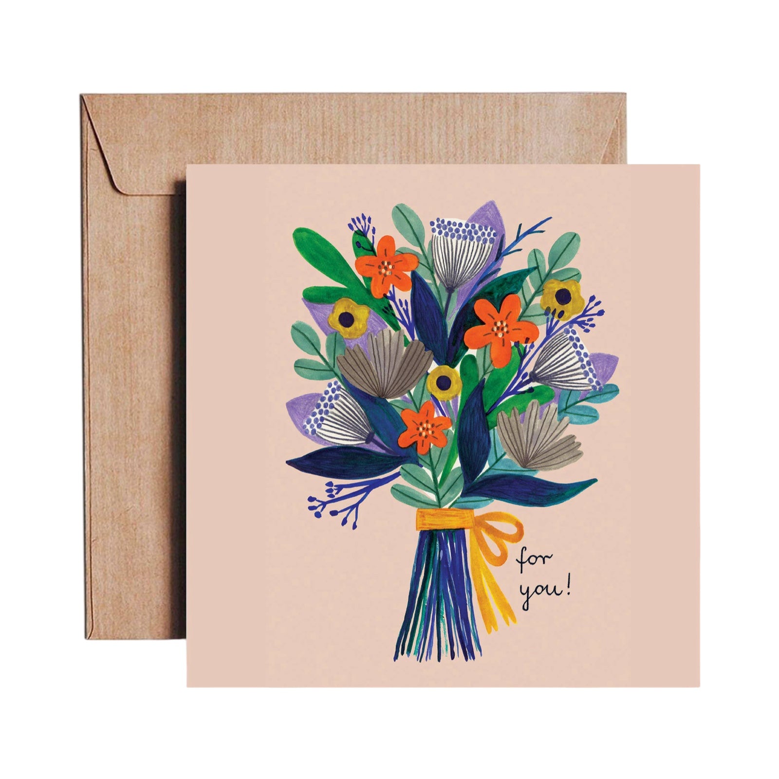 Card featuring a beautiful bunch of colourful flowers with blue stems tied with a yellow ribbon and the text 'For you'.