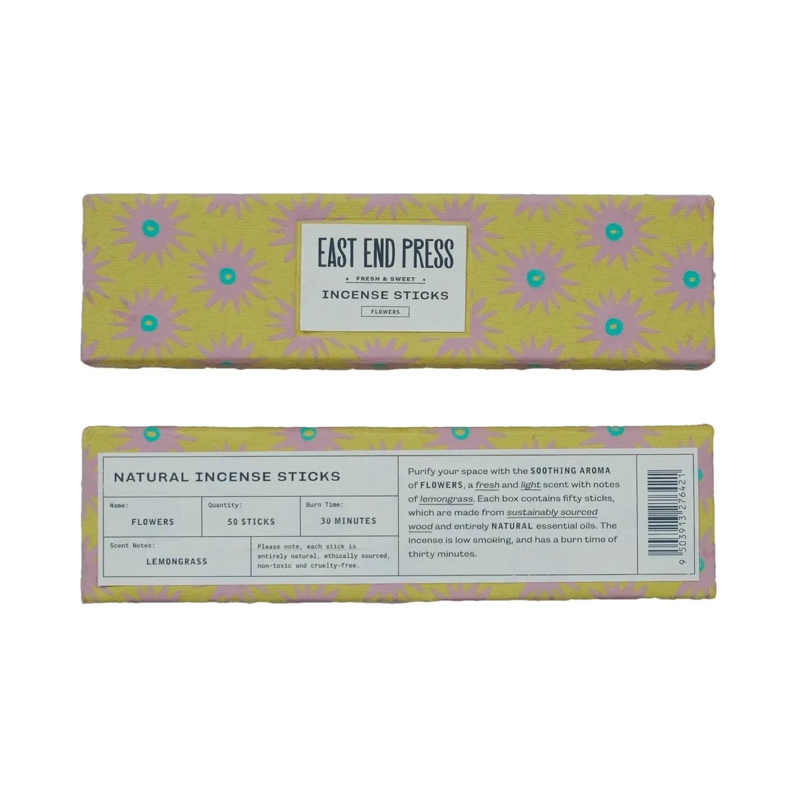 Yellow box with pink flowers holding flower scented incense sticks.