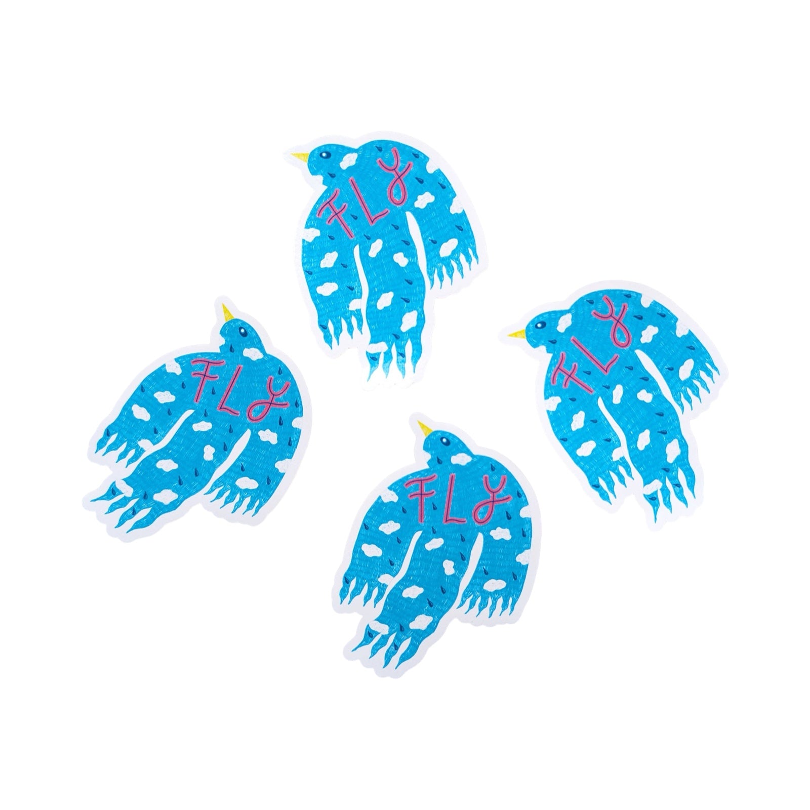 Four blue birds with 'FLY' written on their chests on a white background.
