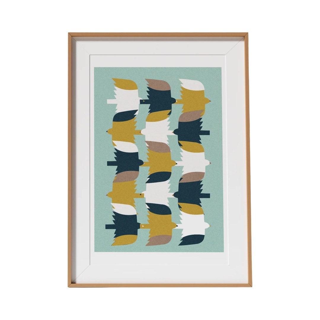 Retro-style print with a stylised repeat pattern of mustard, grey and white flying birds.