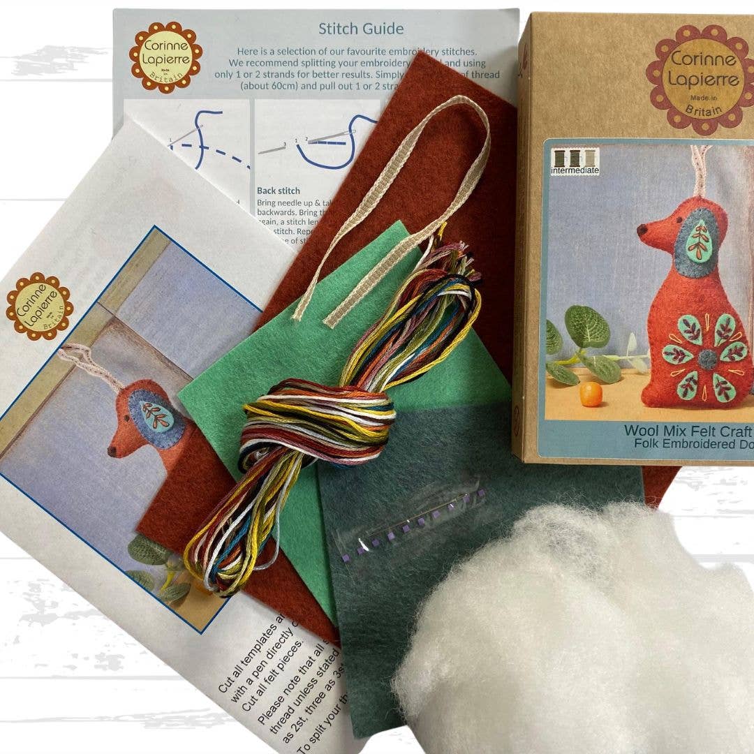 This kit includes high-quality super soft wool mix felt as well as 12 carefully chosen assorted DMC threads, a needle, toy filling and ribbon.