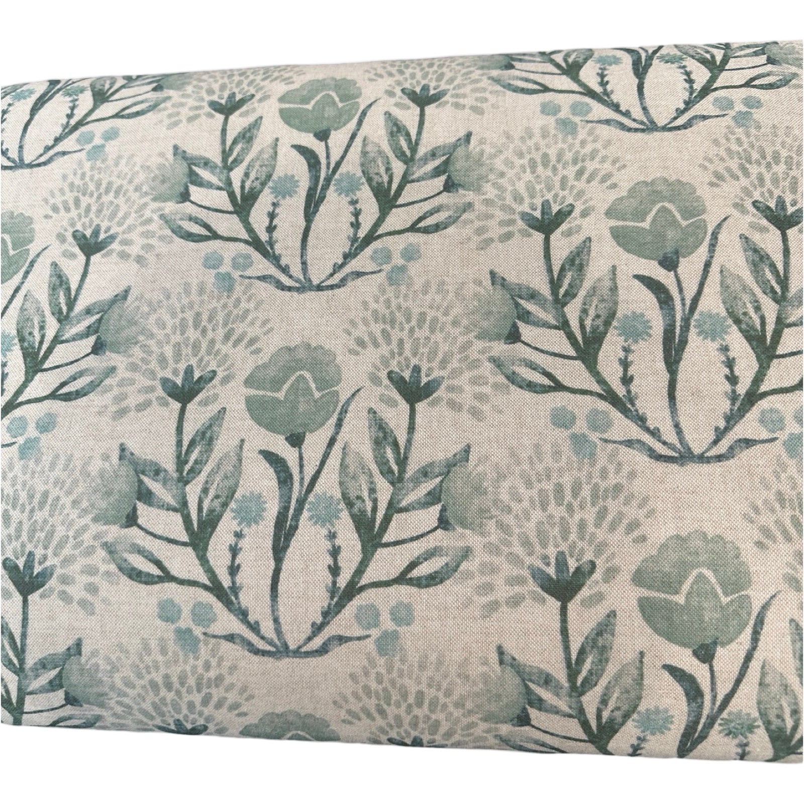 Cream linen fabric with flowers in soft blues and greens.