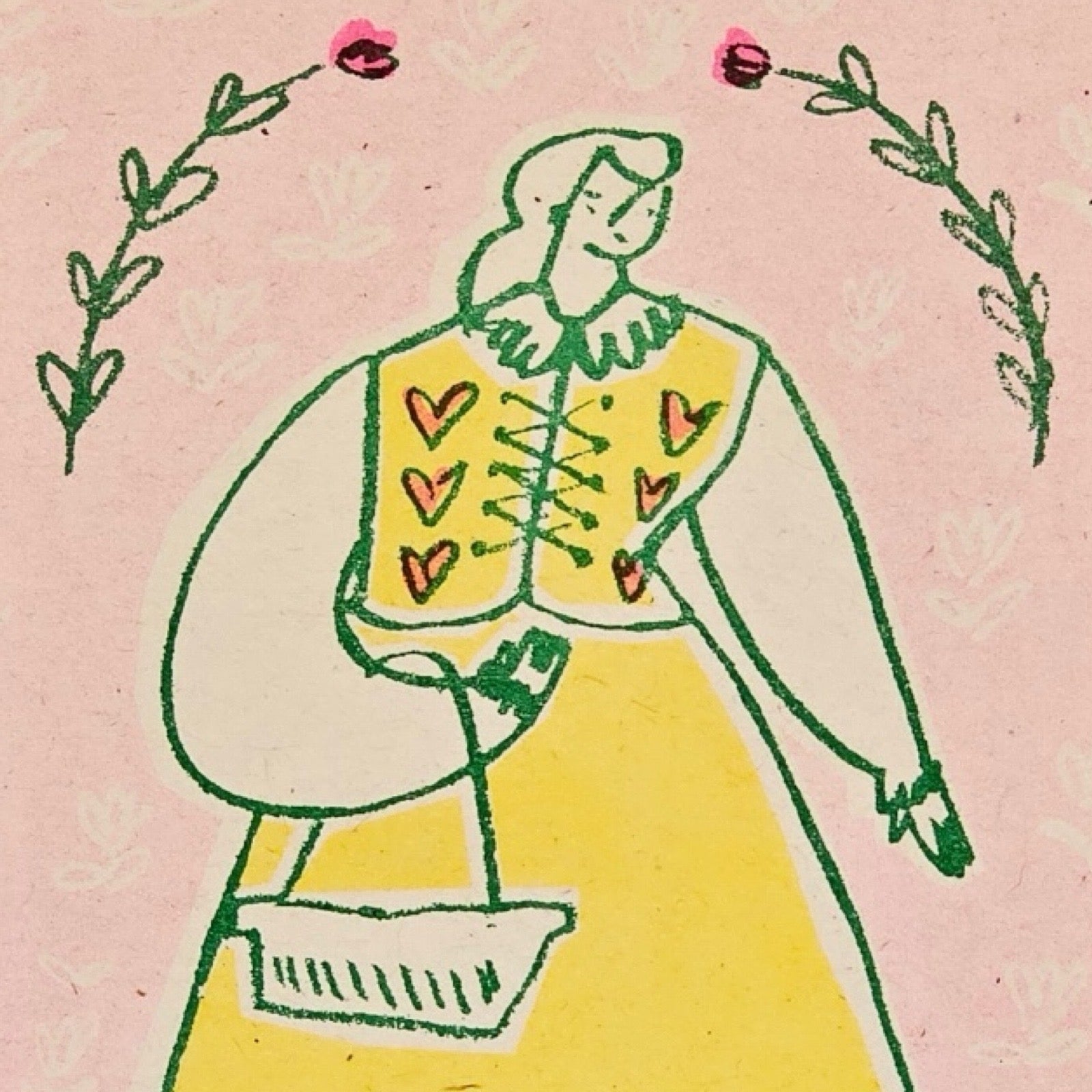 This gorgeous mini print features an illustration of a lady drawn in a folk style wearing a yellow dress with red love hearts.