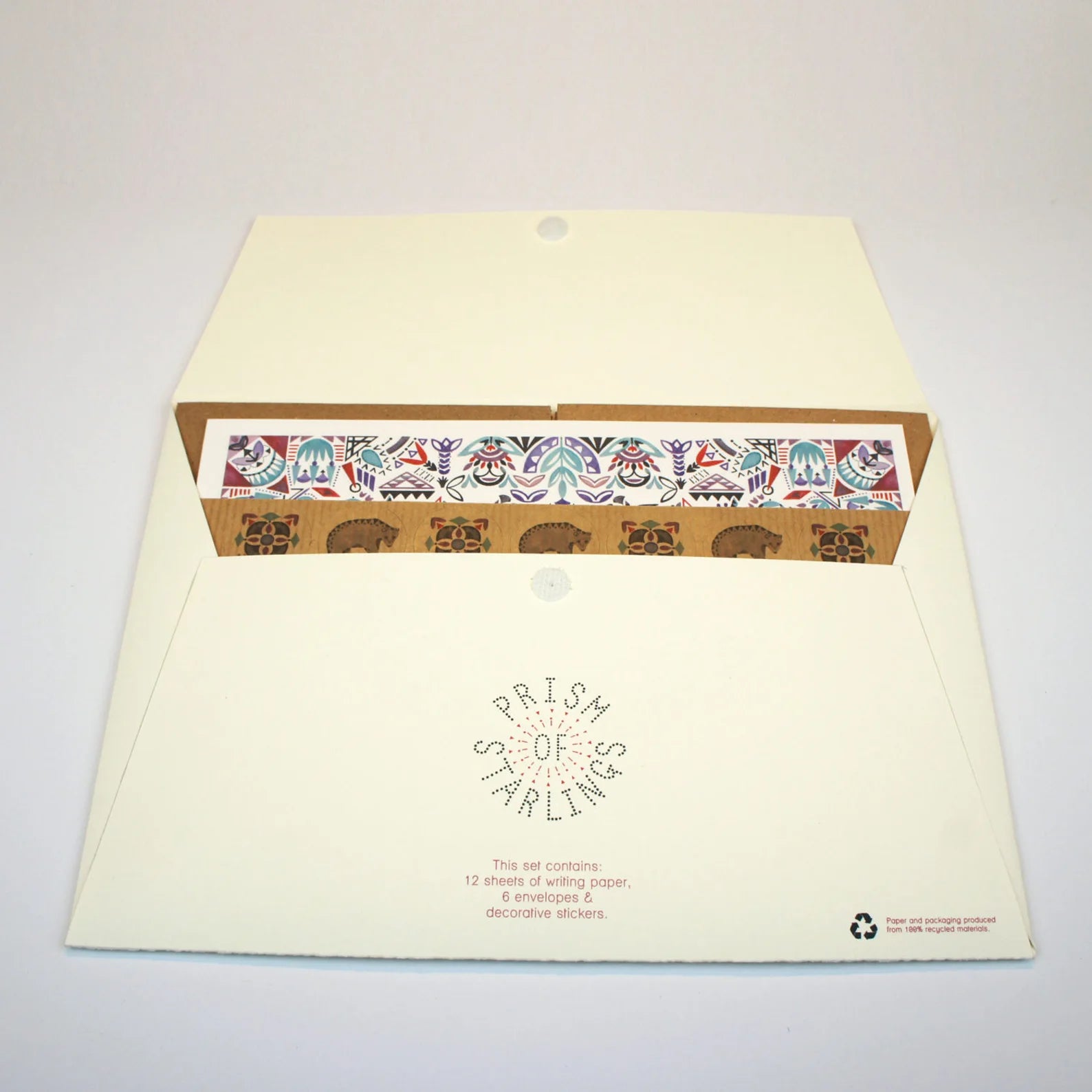 Set of stationery items including envelopes and decorative stickers with 'Prism of Starlings' branding.