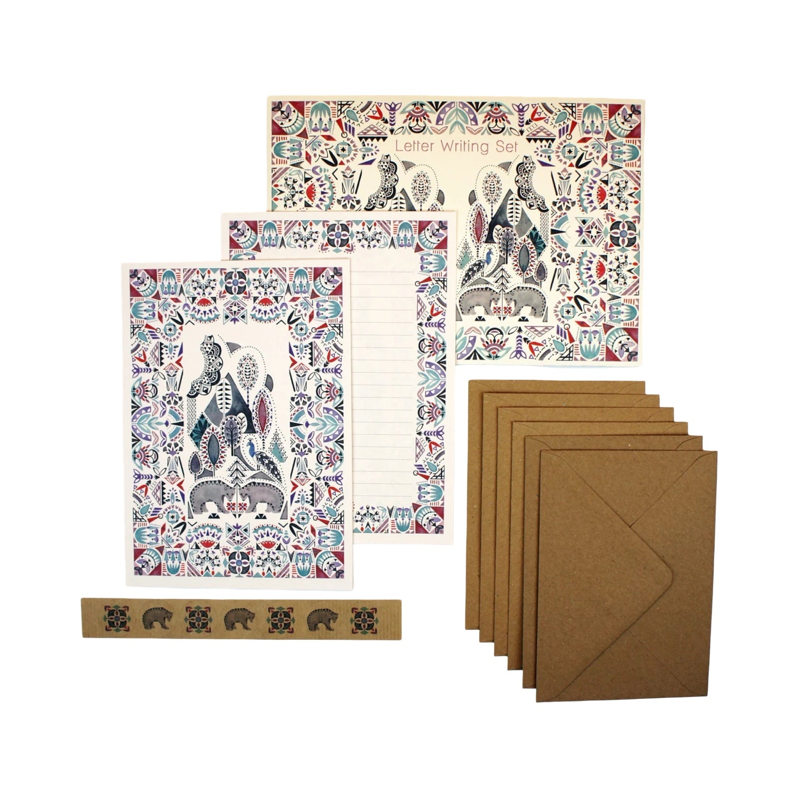 Letter writing set with patterned paper and envelopes on a white background.
