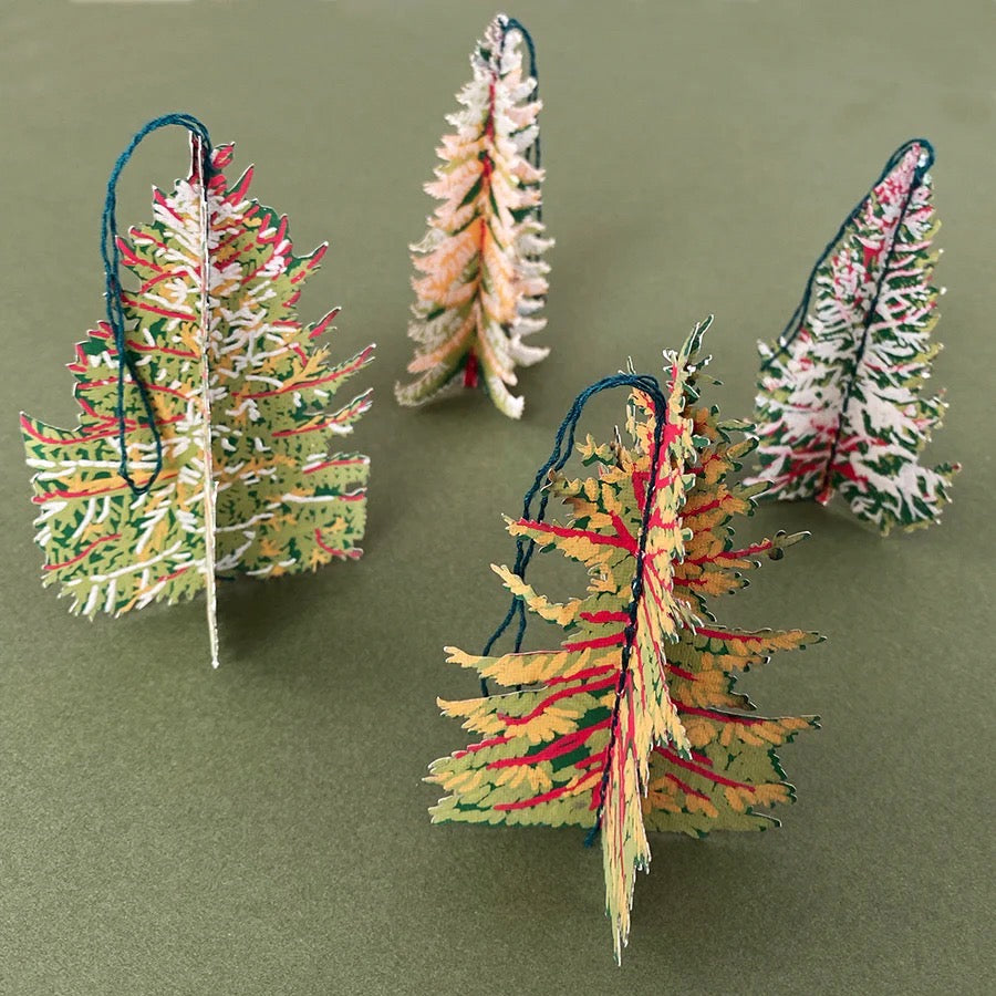 Colourful Christmas tree decorations on a green background.