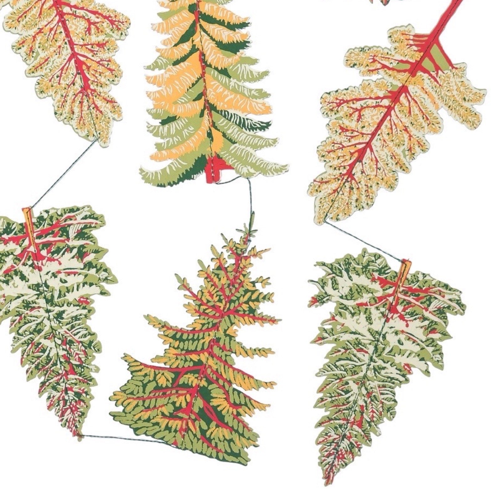 Decorative garland with leaf patterns in red, green, and gold on a white background.
