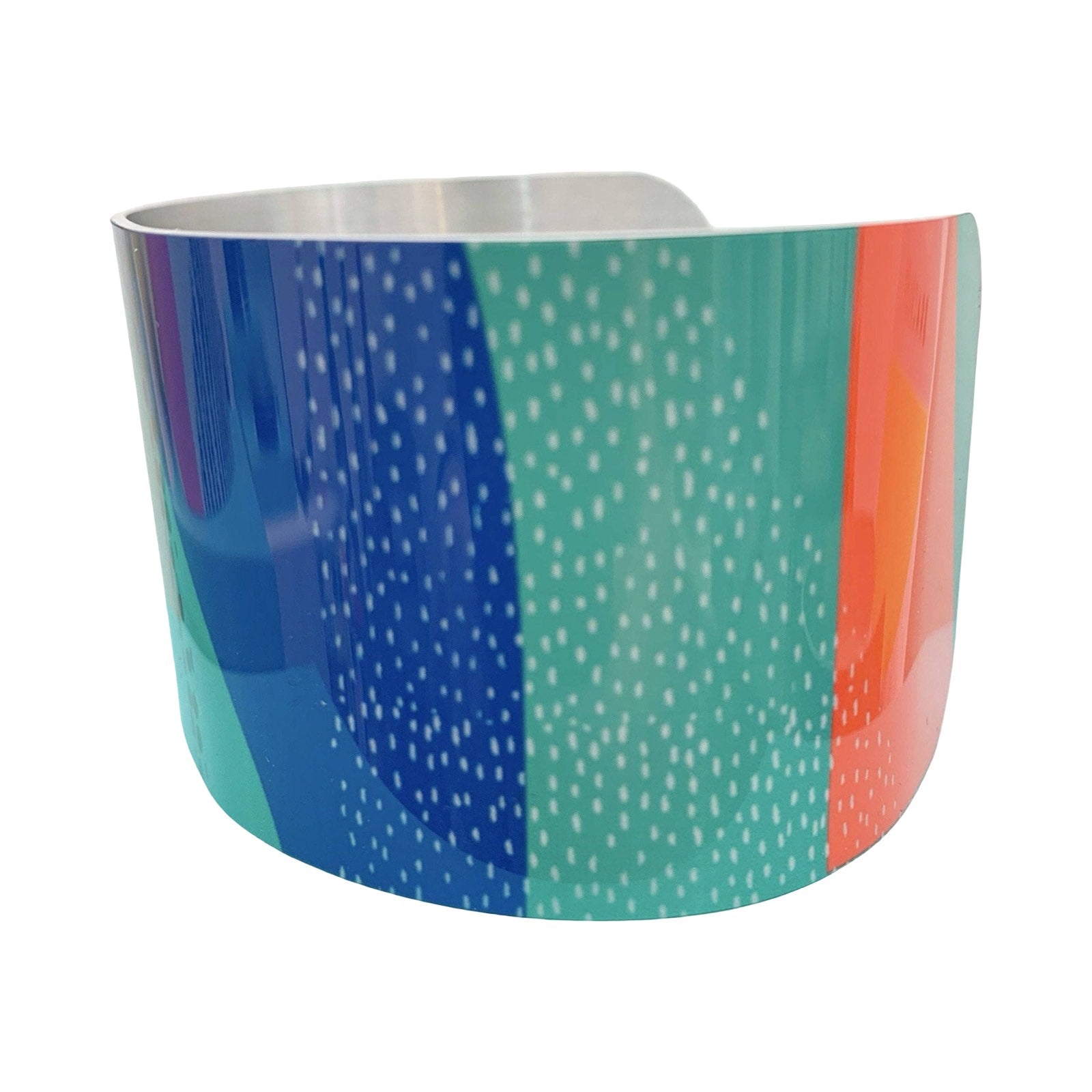 Colorful cylindrical container with patterned design on a white background.