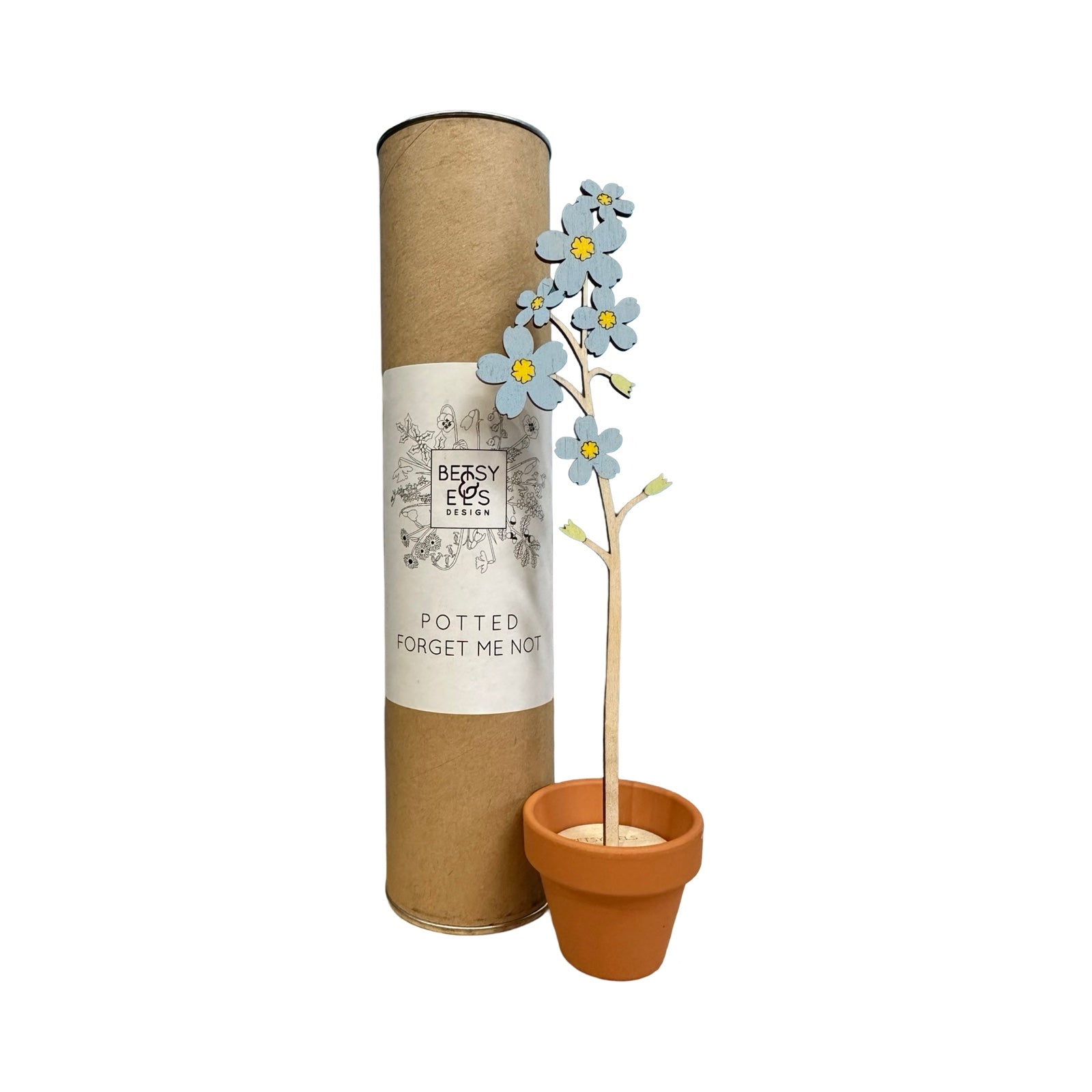 Single forget-me-not wooden stem with blue flowers in a terracotta pot next to a cardboard tube.