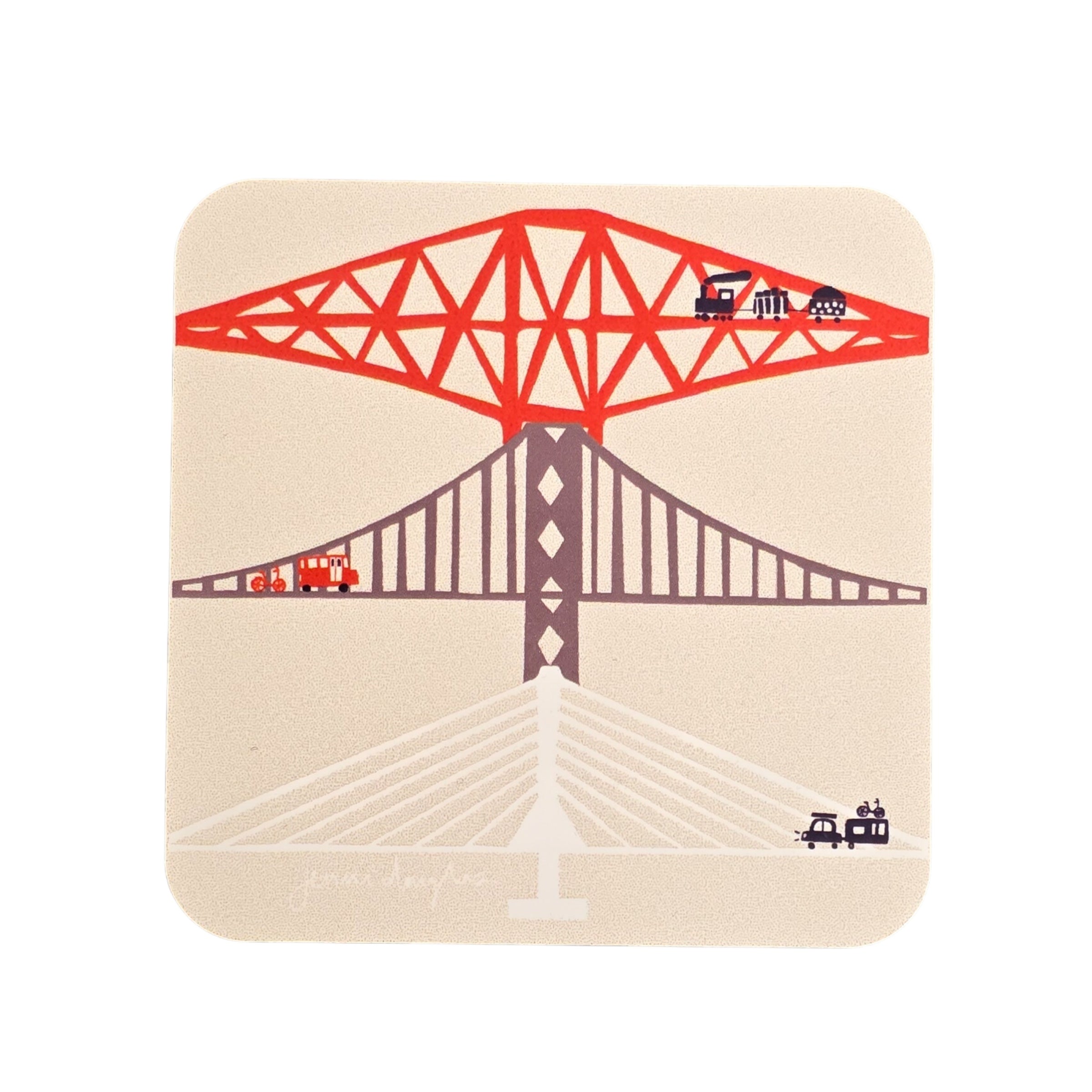 A coaster featuring illustrations of the For the Bridges.