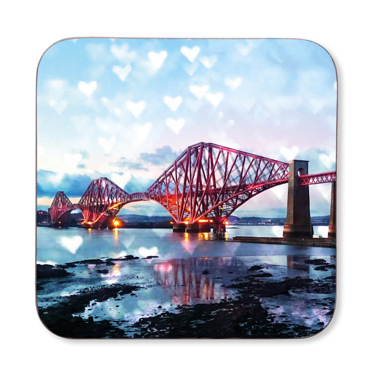 An image of the Forth Bridge withe love hearts in the sky on a coaster.