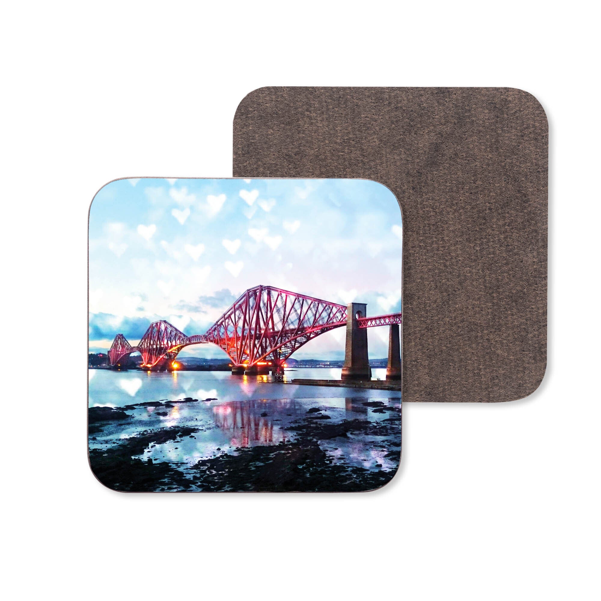 An image of the Forth Bridge Edinburgh on a coaster.