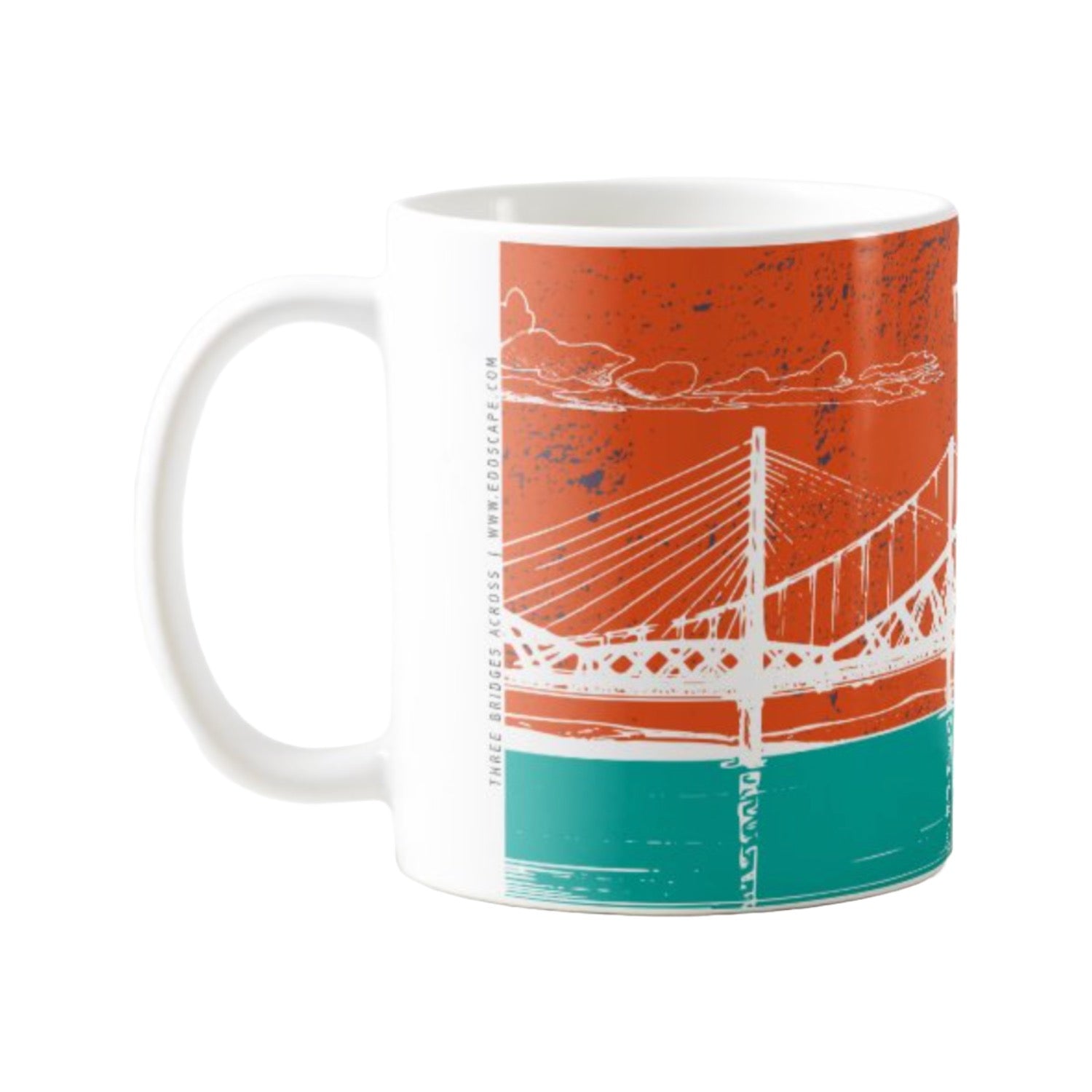 This mug features a panoramic artwork of the three famous Forth Bridges in South Queensferry near Edinburgh.