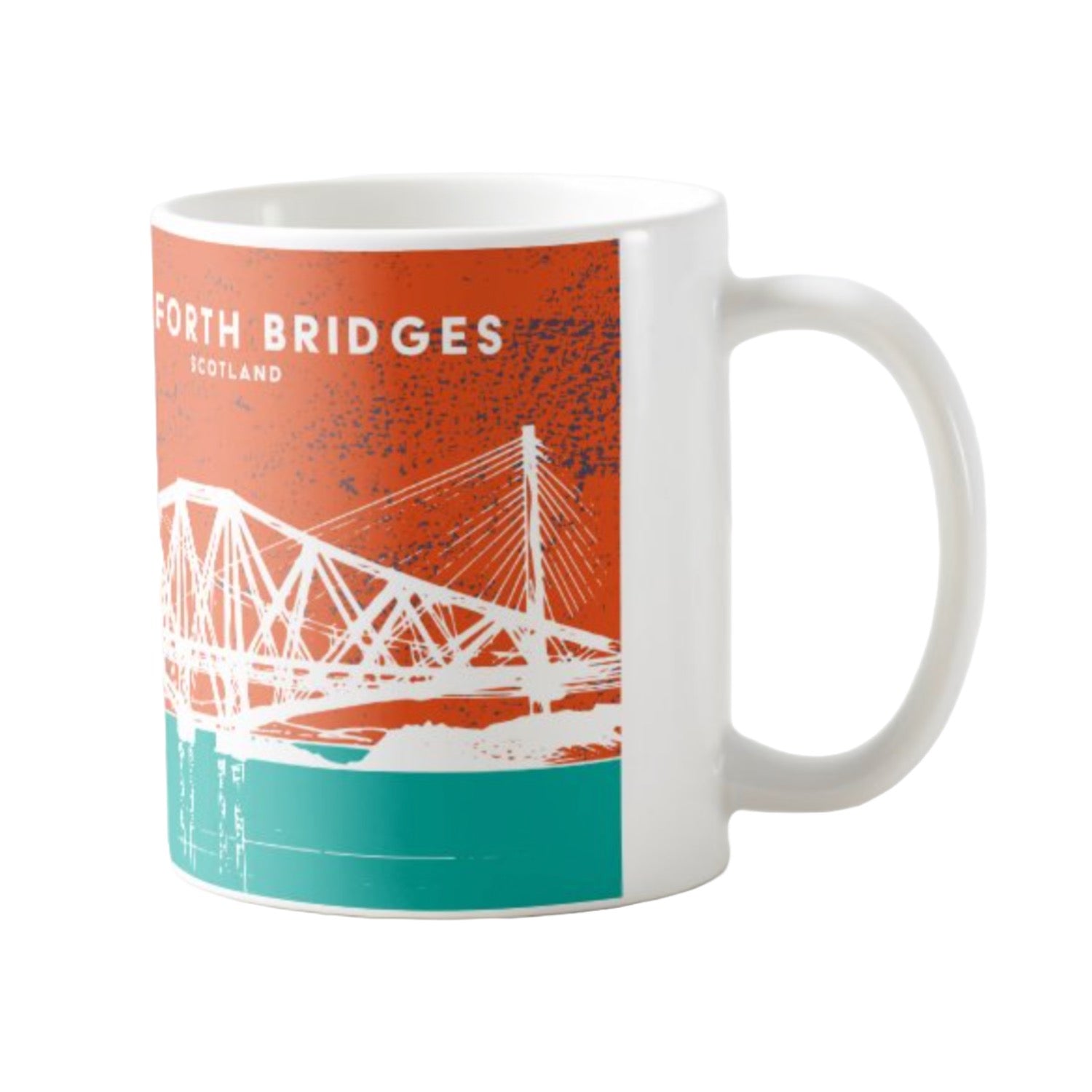 This mug features a panoramic artwork of the three famous Forth Bridges in South Queensferry near Edinburgh.