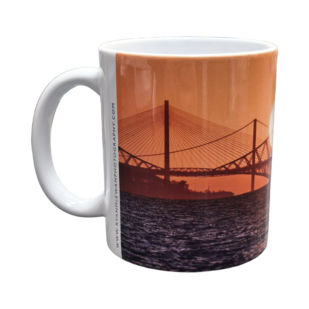 Mug with a bridge design on an orange background