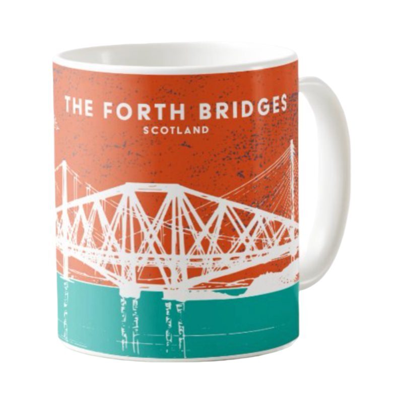 This mug features a panoramic artwork of the three famous Forth Bridges in South Queensferry near Edinburgh.