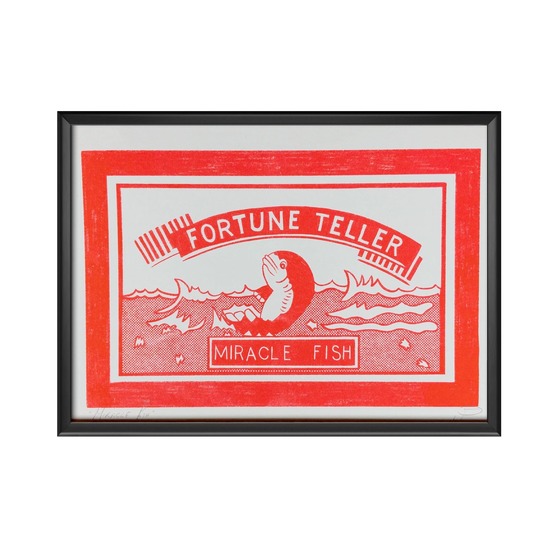 A red and white art print of a fish swimming above the waves, with a red border. The text 'Fortune Teller' above and 'Miracle Fish' below in a black picture frame.